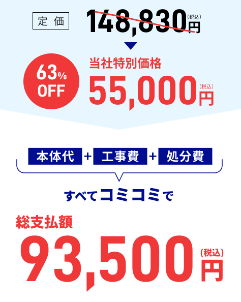 本体代+工事費+処分費すべてコミコミで総支払額99,000円（税込）
