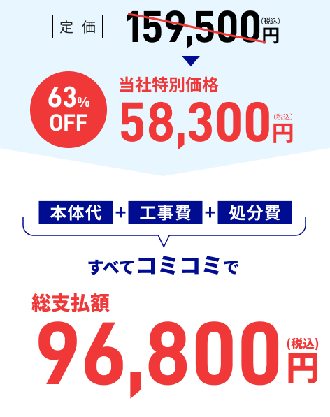 本体代+工事費+処分費すべてコミコミで総支払額102,300円（税込）